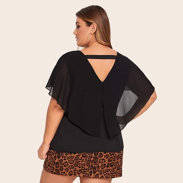 

Plus Solid Chiffon Blouse With Cape
