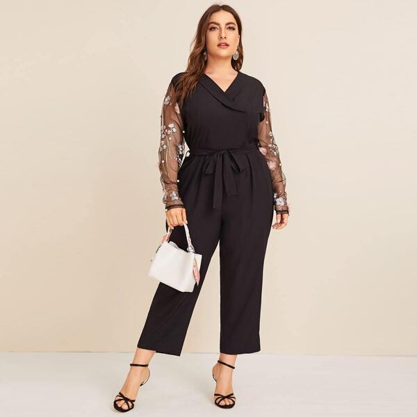 

Plus Flower Appliques Mesh Contrast Tie Waist Jumpsuit