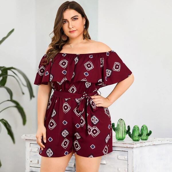 

Plus Off-shoulder Graphic Print Tie Waist Jumpsuit