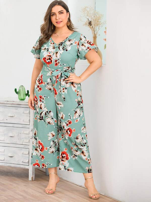 

Plus Floral Tie Waist Wide Leg Jumpsuit, Green