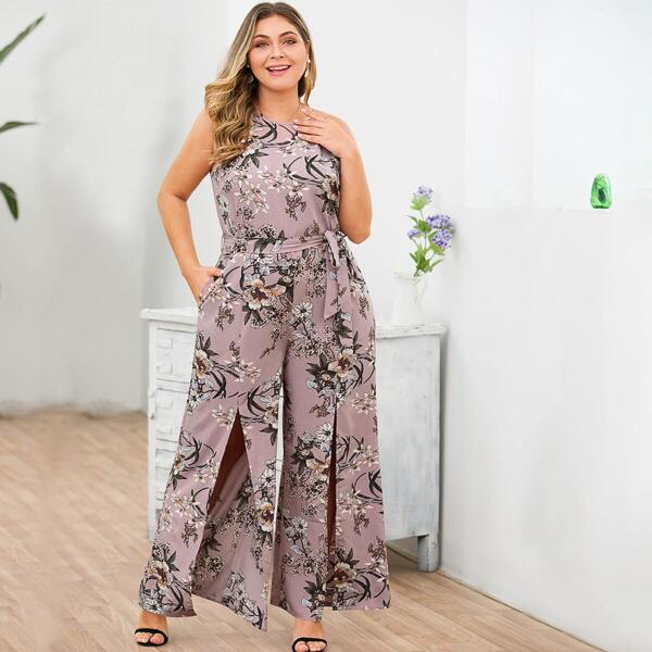 

Plus Split Front Belted Floral Cami Jumpsuit, Multicolor