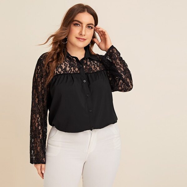 

Plus Lace Contrast Blouse, Black