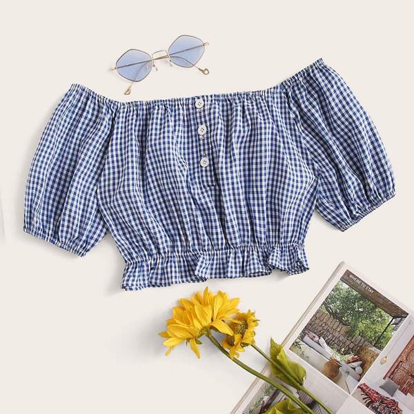 

Plus Off-shoulder Frill Hem Gingham Blouse