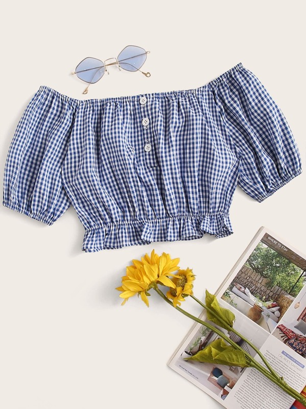 

Plus Off-shoulder Frill Hem Gingham Blouse, Blue