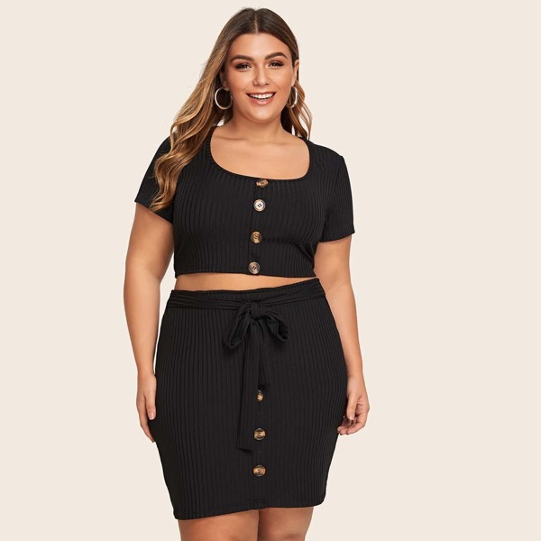 

Plus Button Through Tee & Drawstring Ribbed Skirt, Black