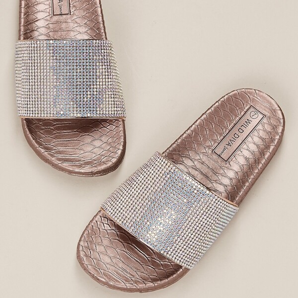 

Crystal Band Snake Embossed Sole Slide Sandals, Baby pink