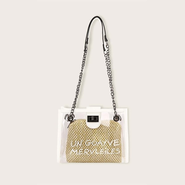 

Letter Print Tote Bag With Woven Inner Clutch, Apricot