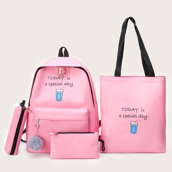 

Slogan Print Pom Pom Decor Backpack With Pencil Case 4pcs