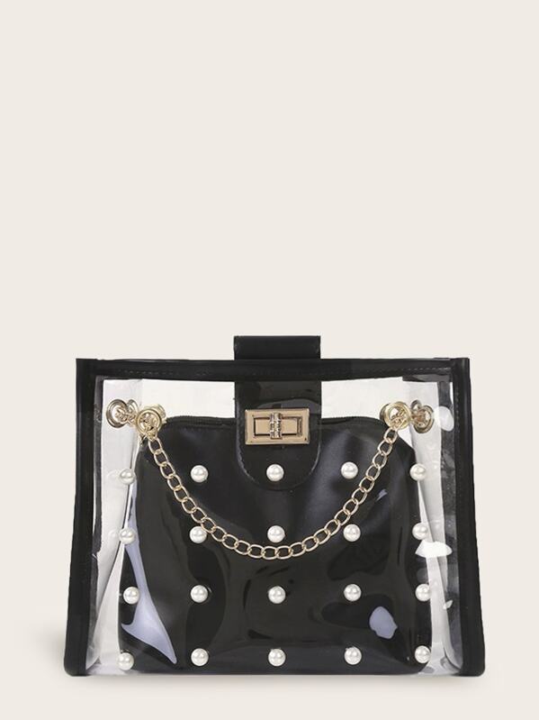 

Faux Pearl Decor Clear Chain Bag With Inner Clutch, Black