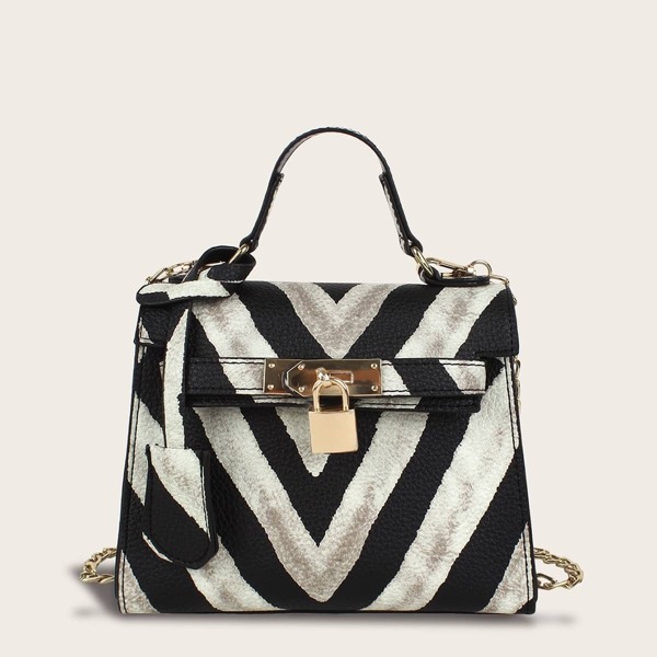 

Metal Lock Decor Striped Satchel Chain Bag
