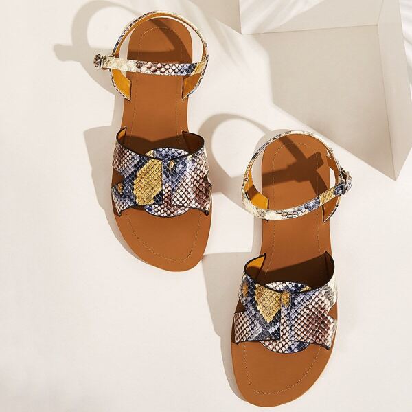 

Snakeskin Print Buckle Strap Flat Sandals