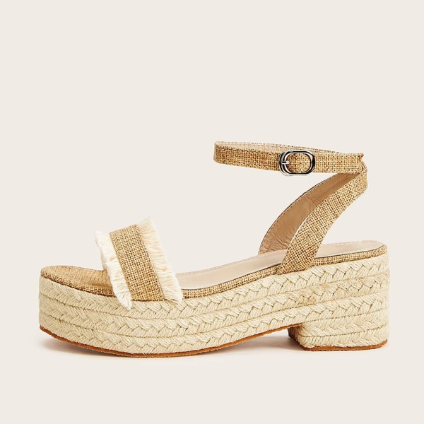 

Fringe Detail Ankle Strap Espadrille Wedges, Beige