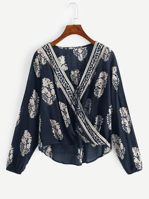 

Plants Print Fringe High Low Blouse, Navy
