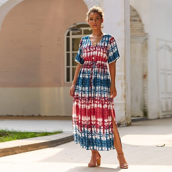 

Tie Dye Contrast Fringe Button Tie Front Dress