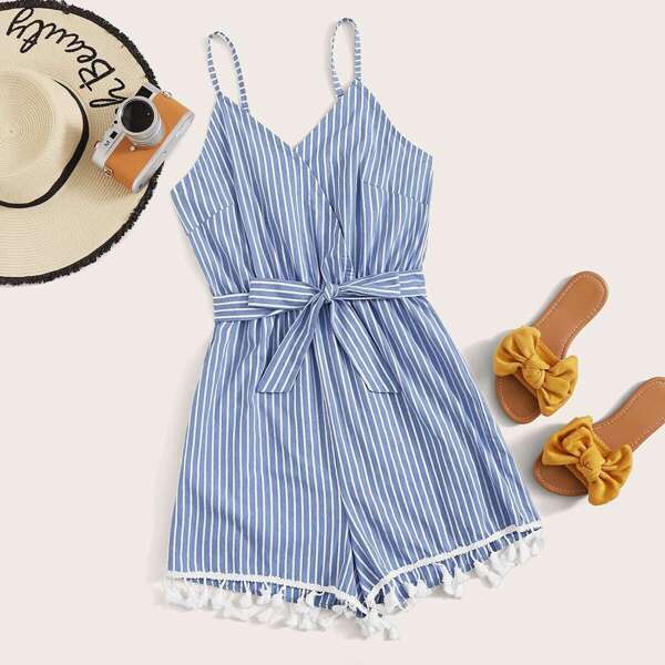 

Striped Belted Contrast Fringe Slip Romper