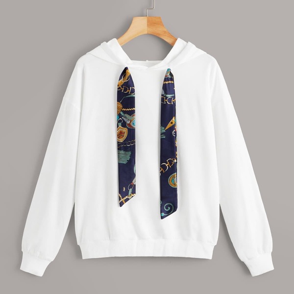 

Chain Print Drawstring Hooded Sweatshirt, White