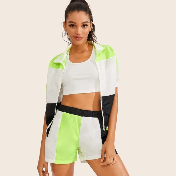 

Color Block Zip Coat With Shorts, Multicolor