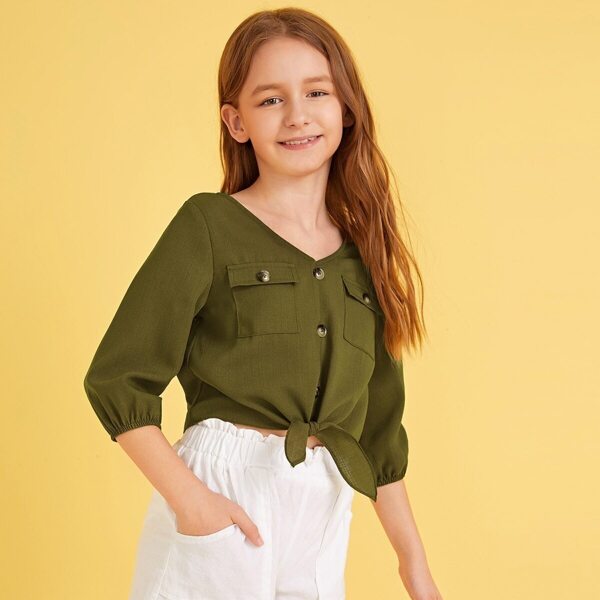 

Girls Button Detail Flap Front Tie Hem Top, Army green