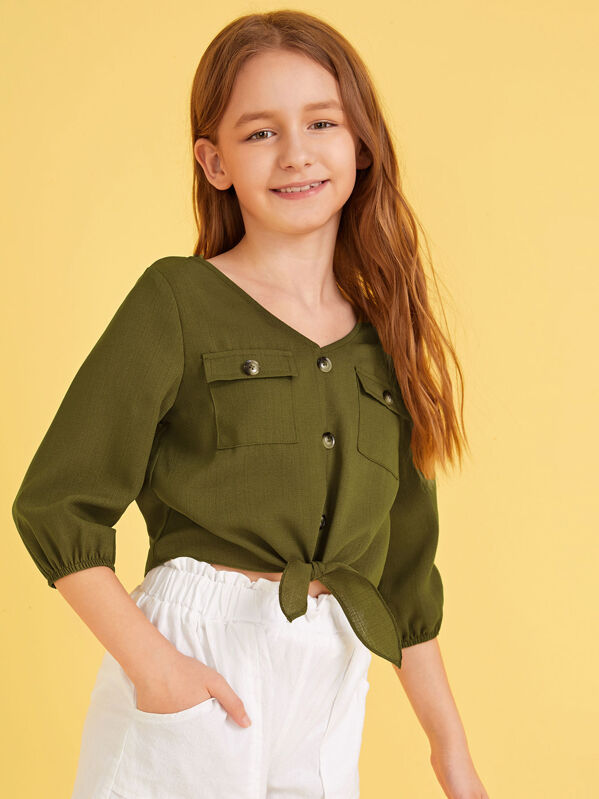 

Girls Button Detail Flap Front Tie Hem Top, Army green, Sashab