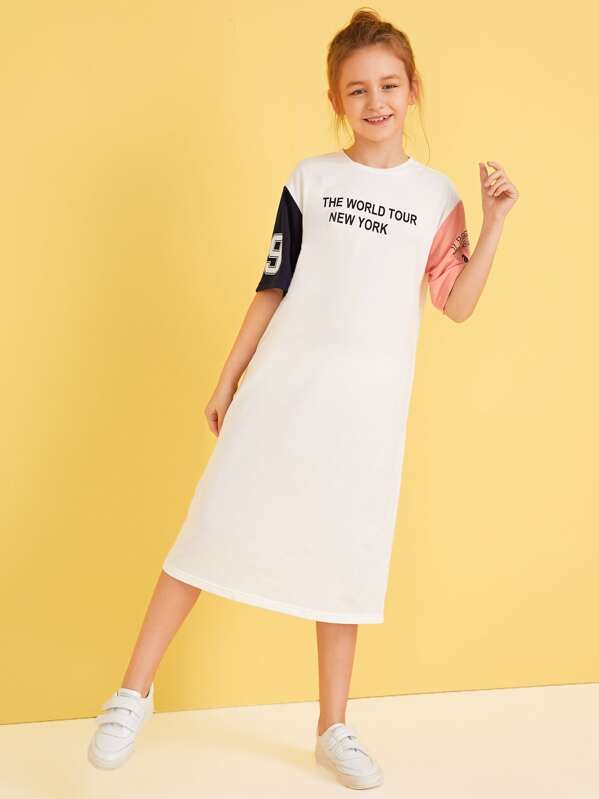 

Girls Slogan Print Colorblock Sleeve Dress, White, Sashab