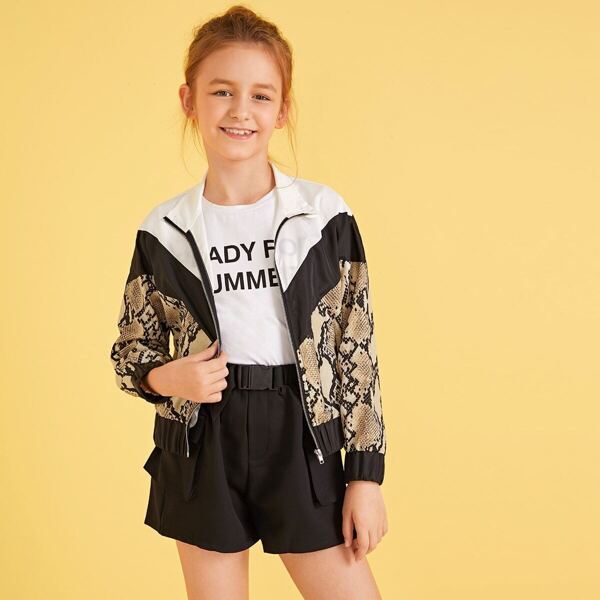 

Girls Snakeskin Print Colorblock Zip Up Windbreaker Jacket