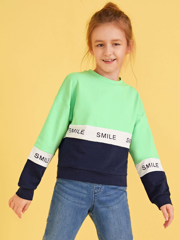 

Girls Drop Shoulder Colorblock Letter Pullover, Multicolor, Sashab