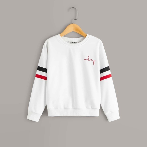 

Boys Drop Shoulder Striped Sleeve Letter Pullover, White