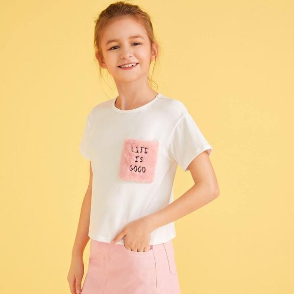 

Girls Embroidered Slogan Faux Fur Detail Tee