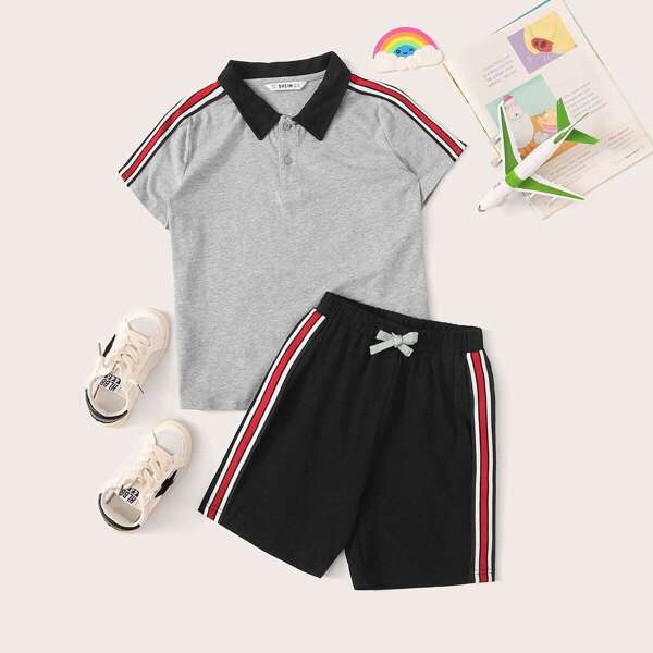 

Boys Contrast Collar Striped Tape Polo Shirt and Shorts Set, Multicolor