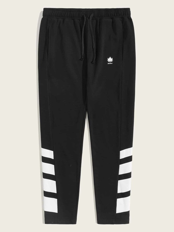 

Men Mixed Print Drawstring Waist Slant Pocket Sweatpants, Black