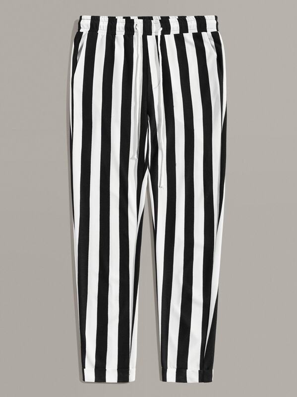 

Men Drawstring Waist Slant Pocket Striped Pants, Black and white