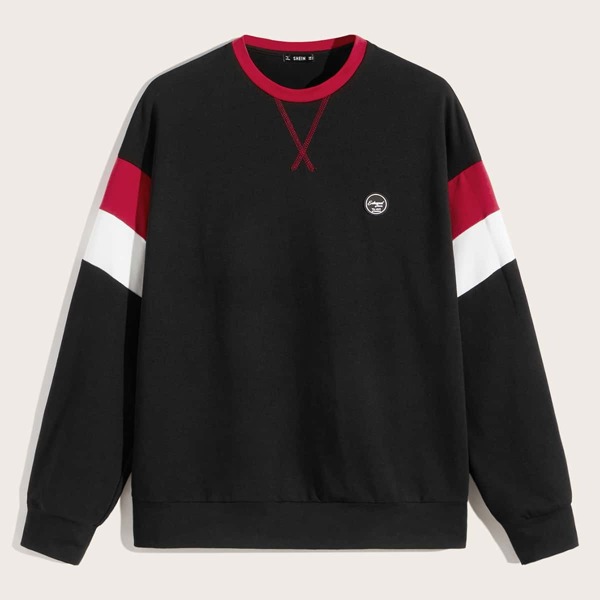 

Men Contrast Stitch Patched Detail Colorblock Pullover, Black