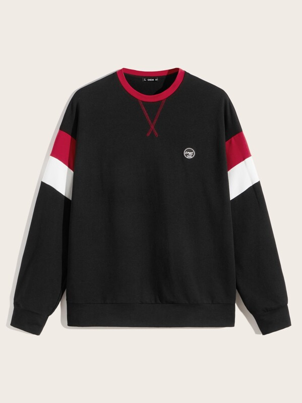 

Men Contrast Stitch Patched Detail Colorblock Pullover, Black