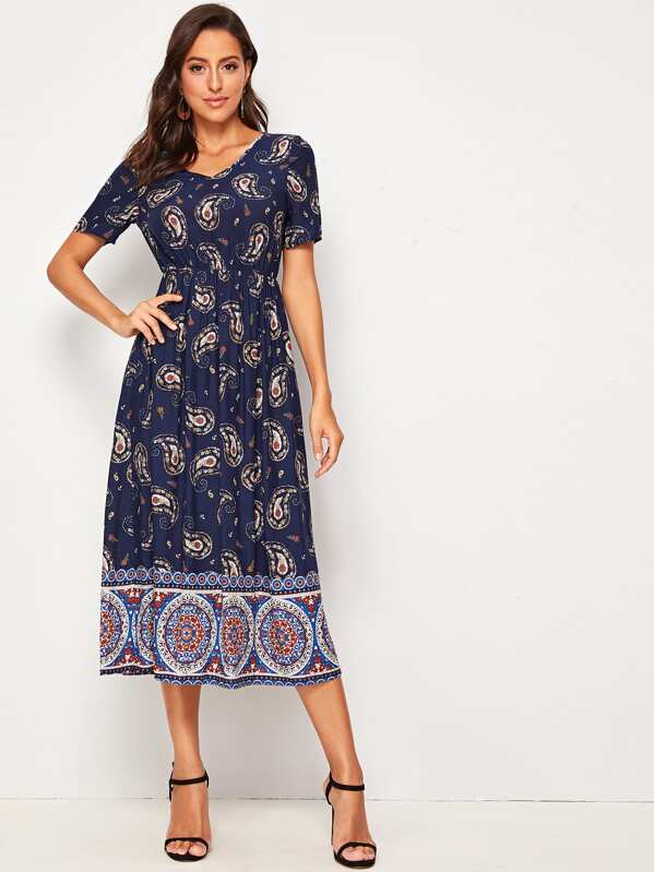 

V-neck Tribal and Paisley Print Elastic Waist Dress, Navy, Mary P.