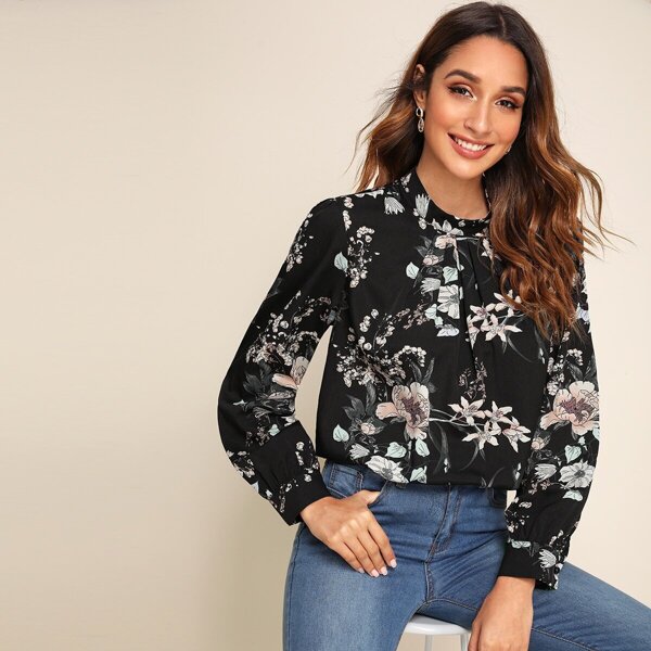 

Botanical Print Mock-neck Pleated Front Top, Black