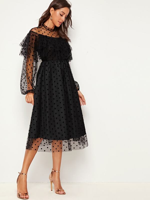 

Ruffle Trim Lantern Sleeve Dobby Mesh Overlay Dress, Black, Mary P.