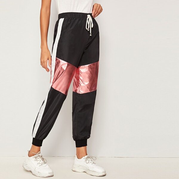 

Contrast Sideseam Metallic Panel Tie Waist Wind Pants, Black