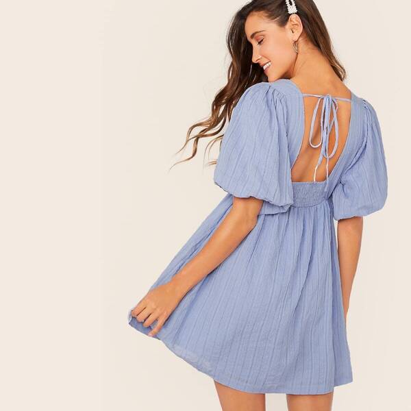 

Tie Neck Shirred Back Puff Sleeve Slant Pocket Dress