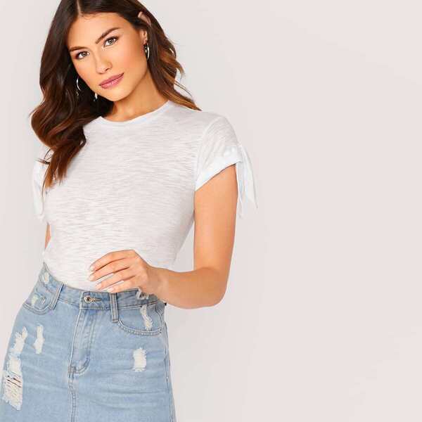 

Crew Neck Tie Short Sleeve T-Shirt, White