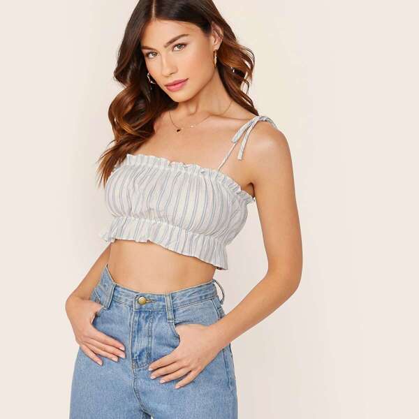 

Tie Straps Stripe Crop Top, White