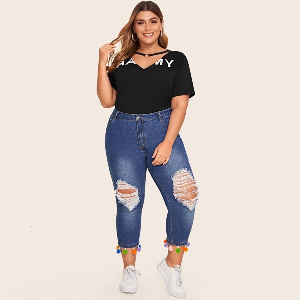 

Plus Ripped Pom Pom Hem Jeans, Navy