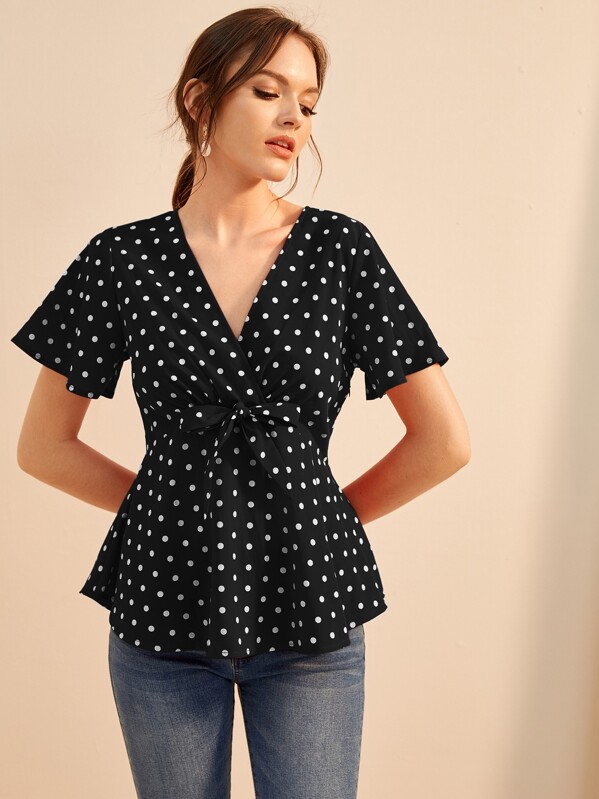 

Polka Dot Bow Front Peplum Blouse, Black, Natalia