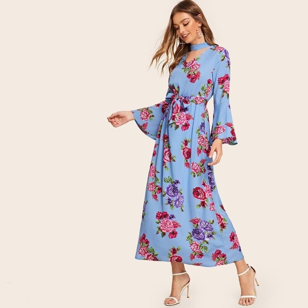 

Floral Print Choker Neck Belted Dress