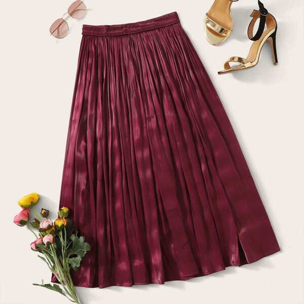 

Solid Pleated Midi Satin Skirt