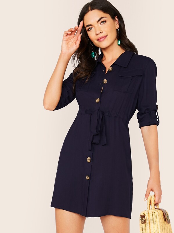 

Flap Pocket Front Rolled Tab Sleeve Shirt Dress, Navy, Aarika Wolf