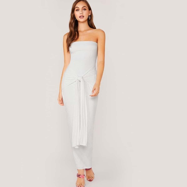 

Solid Tie Waist Bodycon Tube Pencil Dress, White