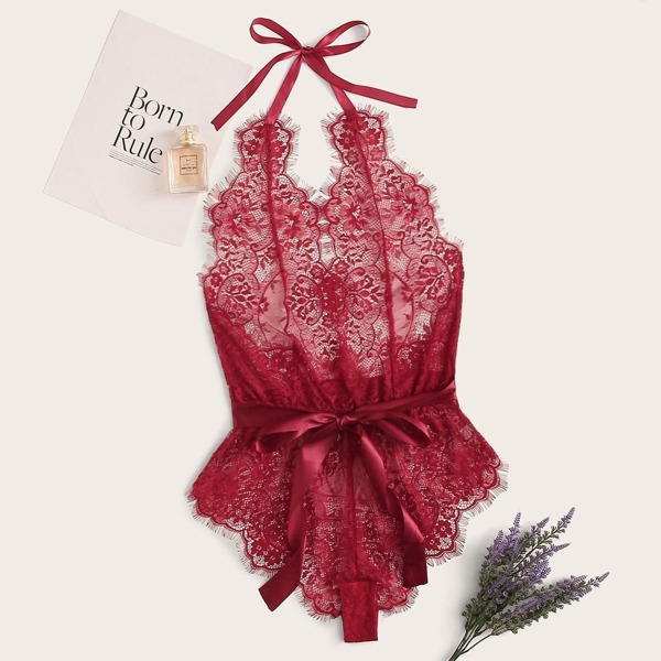 

Plus Floral Lace Halter Teddy Bodysuit, Burgundy