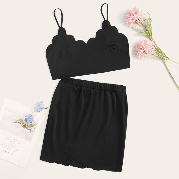 

Scallop Trim Solid Cami Top With Skirt, Black
