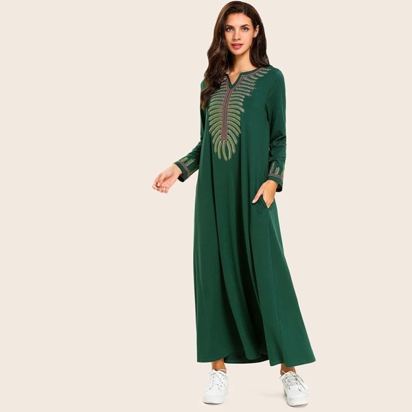 

Embroidered Notched Neck Maxi Dress