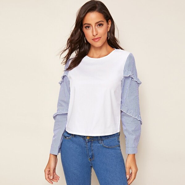 

Contrast Stripe Cuff Frill Trim Blouse, Multicolor